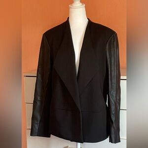 CALVIN KLEIN 
Scuba and  Faux Leather Sleeve Jacket Collarless Open-Front Jacket